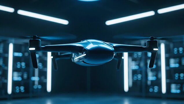 Futuristic Drone Flying Indoors with Neon Lights
