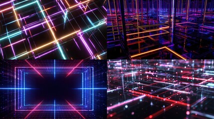 Neon Abstract Grid patterns, futuristic glow, colorful lines illuminate a dark backdrop