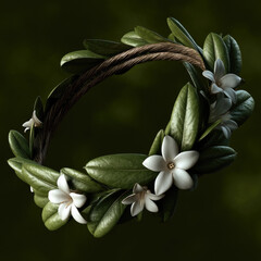 Green leaf crown with white flowers, natural wreath, Hellenistic style, elegant botanical accessory, soft light, serene mood