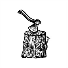 lumberjack wood and axe hand drawn illustration logo