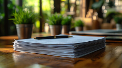 A stack of papers, pen, and laptop with a team meeting of lawyers reviewing contracts