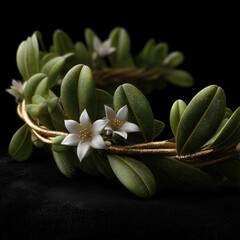Hellenistic crown with green leaves and white flowers, gold band, elegant ancient style, symbolizing victory and honor