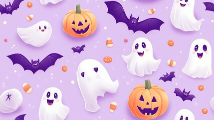 A repeating pattern of mini ghost figures, smiling pumpkins, flapping bats, and candy corn icons, organized in a soft checkered layout over a dusty violet background. Soft shadows, cute styling.