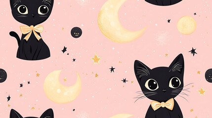 A seamless cute cartoon pattern of curious black cats with bows, stylized full moons, tiny stars, and baroque lace elements, floating across a dusty rose background. Created Using: Adobe Illustrator,
