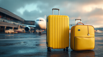 A pair of yellow suitcases on a wet airport tarmac with a passenger plane in the background