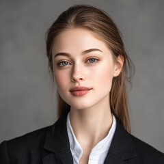 Confident businesswoman portrait, young woman, professional attire, natural makeup, straight hair, neutral background, calm expression