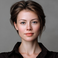 Confident young woman with short brown hair, clear skin, and natural makeup, wearing black shirt, neutral background, professional mood