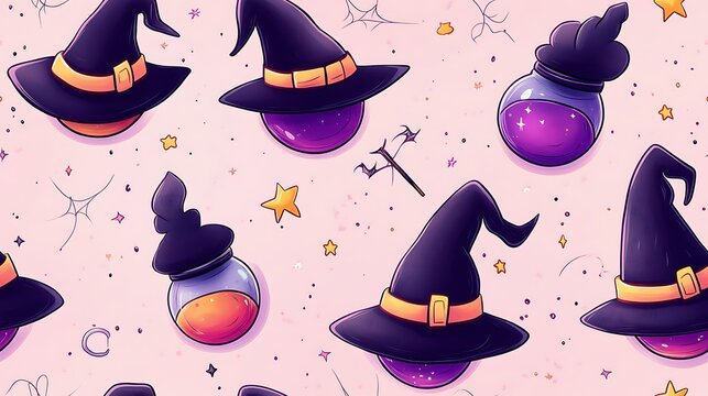 Cute Halloween pattern of chibi witches&rsquo; hats with ribbons, floating broomsticks, colorful potions in round flasks, glittering stars, and thin cobweb strands, all over a light purple-pink canvas.