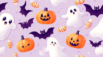 Cute Halloween seamless pattern with big-eyed white ghosts, orange pumpkins with smiles, black bats in flight, and striped candy corn, placed diagonally across a soft lavender canvas. Vector look,