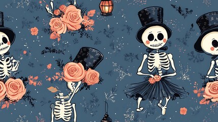 Cute seamless pattern of skeletal dancers in top hats and dresses, surrounded by glowing lanterns and clusters of soft roses, all floating over a dusty blue-purple background.