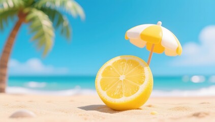 Bright Lemon and Umbrella on Sandy Beach with Ocean Background