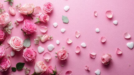 Obraz premium Pink Rose Flowers and Petals with Heart-shaped Confetti on Pink Background