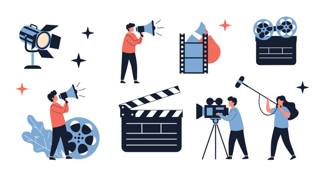 A collection of various cinematic and filmmaking elements including a film reel and spotlights.