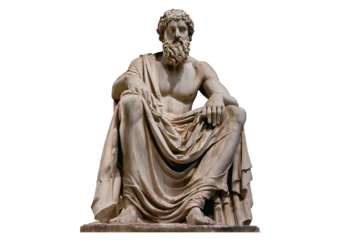 Greek statue of an ancient man sitting isolated on transparent or white background
