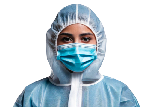 A person wearing a protective suit and face mask on isolated on transparent or white background