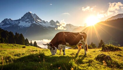 Cow grazing in alpine meadow at sunset