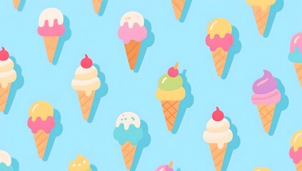 Colorful Pattern of Ice Cream Cones Against a Blue Background