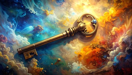 Golden key on a vibrant, swirling cosmic background