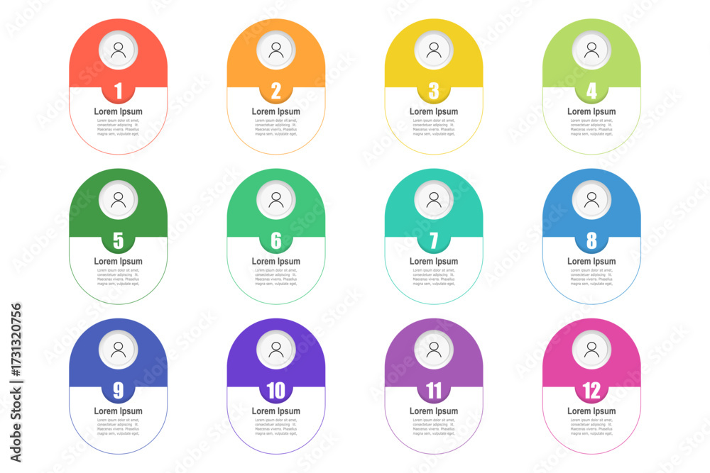 Poster for business concept with 12 steps infographics, rectangle shape with multicolor label, design for w