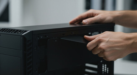 Hands assembling a desktop computer, highlighting the process of building and customizing hardware.Concept of computer hardware assembly and repair.