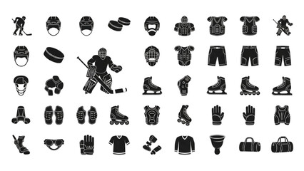 Ice Hockey Icon Set – Minimalist Black Silhouette Icons of Players, Goalie, and Equipment in Vector Style
