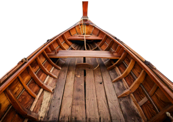 A wooden boat isolated on a transparent or white background.