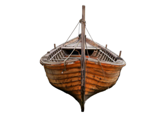A wooden boat isolated on a transparent or white background.