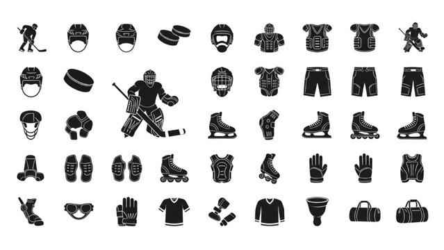 Ice Hockey Icon Set – Minimalist Black Silhouette Icons of Players, Goalie, and Equipment in Vector Style