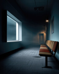 Empty corridor with orange bench, large window, moody lighting, and mysterious atmosphere, evoking solitude and anticipation