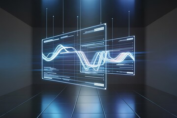 Futuristic holographic data screens displaying glowing blue and pink waveforms in a dark, reflective room