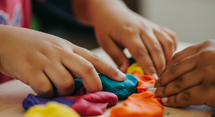 Childrens hands playing with colorful modeling clay on a wooden surface