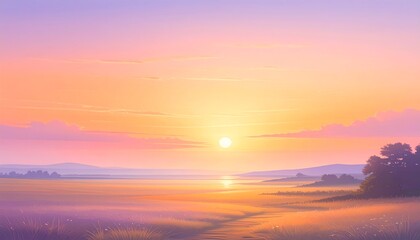 Obraz premium Serene Sunrise Landscape Peaceful Dawn Golden Mist.