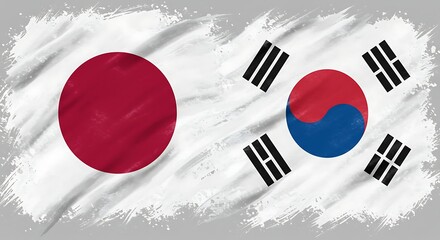 Flags of japan and south korea with distressed brushstroke effect