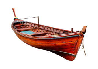 A wooden boat isolated on a transparent or white background.