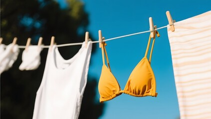 Bright Yellow Bikini Hanging on Clothesline Under Blue Sky
