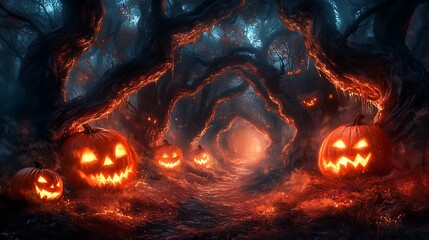 A dark enchanted forest with gnarled trees forming a tunnel over a misty trail, glowing jack-o'-lanterns casting faint orange light, swirling fog covering the forest floor,