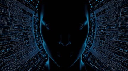AI Face with Digital Circuitry Background.