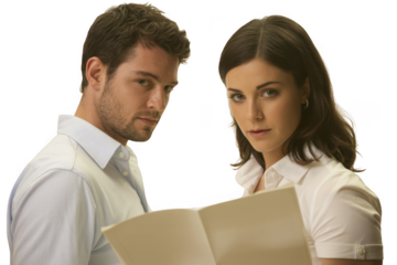 Man and woman in white shirts examining a document together serious expression medium shot transparent background