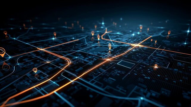 A digital map with glowing routes and location markers.