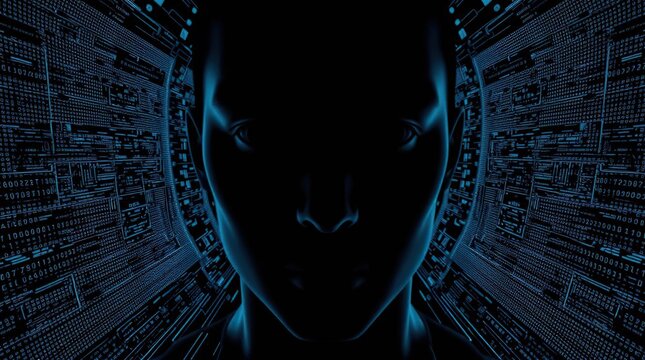 AI Face with Digital Circuitry Background.