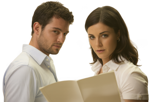 Man and woman in white shirts examining a document together serious expression medium shot transparent background - Powered by Adobe
