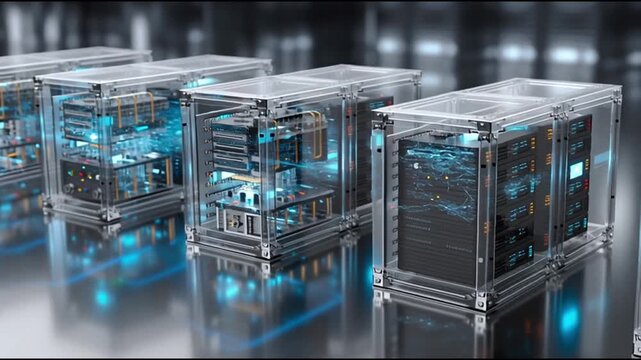 AI infrastructure data centers sustainability. Cloud computing. Green IT. Future computing. A series of transparent computer servers with glowing components.