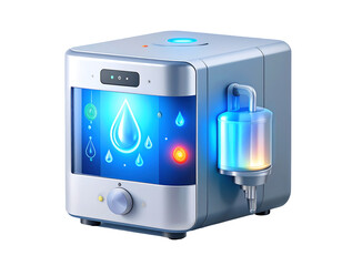 Fototapeta premium A sleek, modern water purification or dispensing device with a glowing digital display showing a water drop icon and a transparent side filter.