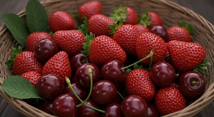 Fresh strawberries and cherries in woven basket close up