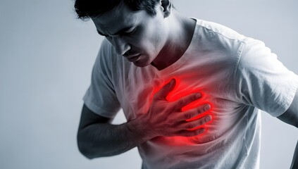 Man Experiencing Chest Pain Gripping His Heart in Dramatic Lighting