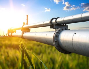 Sunset over industrial pipelines traversing a verdant field