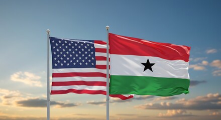 Flags of the united states and ghana waving in the wind against a cloudy sky