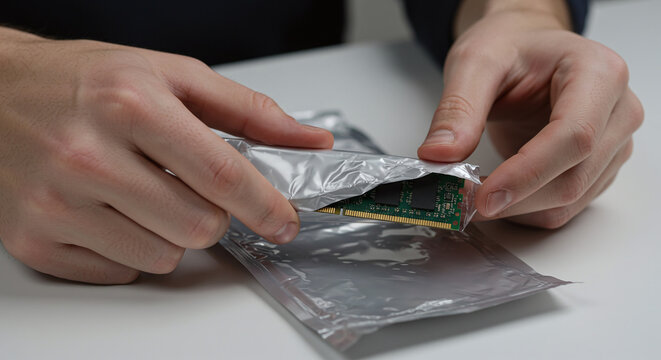 Hands unbox a new computer memory module from its protective anti-static bag for installation.Concept of computer hardware installation and upgrade.