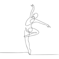 Continuous Simple black line art drawing of a Gymnast dancer in a minimalist style on a white background.