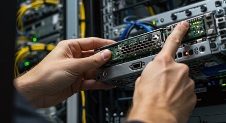 Hands install a circuit board into a server rack, highlighting network maintenance and repair.Concept of network installation and high-tech IT service.